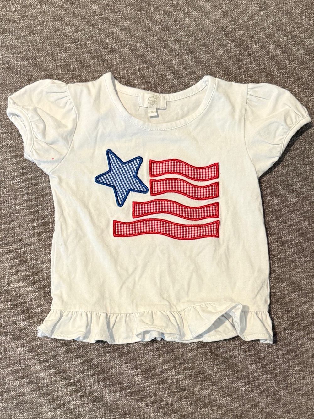 Honeydew White Kids Ruffle Hem Tee with Red & Blue Flag Appliqué 12m